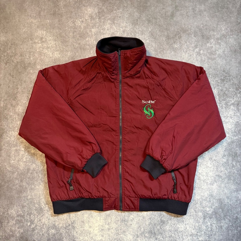 VTG SoBe Lizard Logo Bomber Jacket Men XL Maroon Full Zip Fleece Lined WearGuard